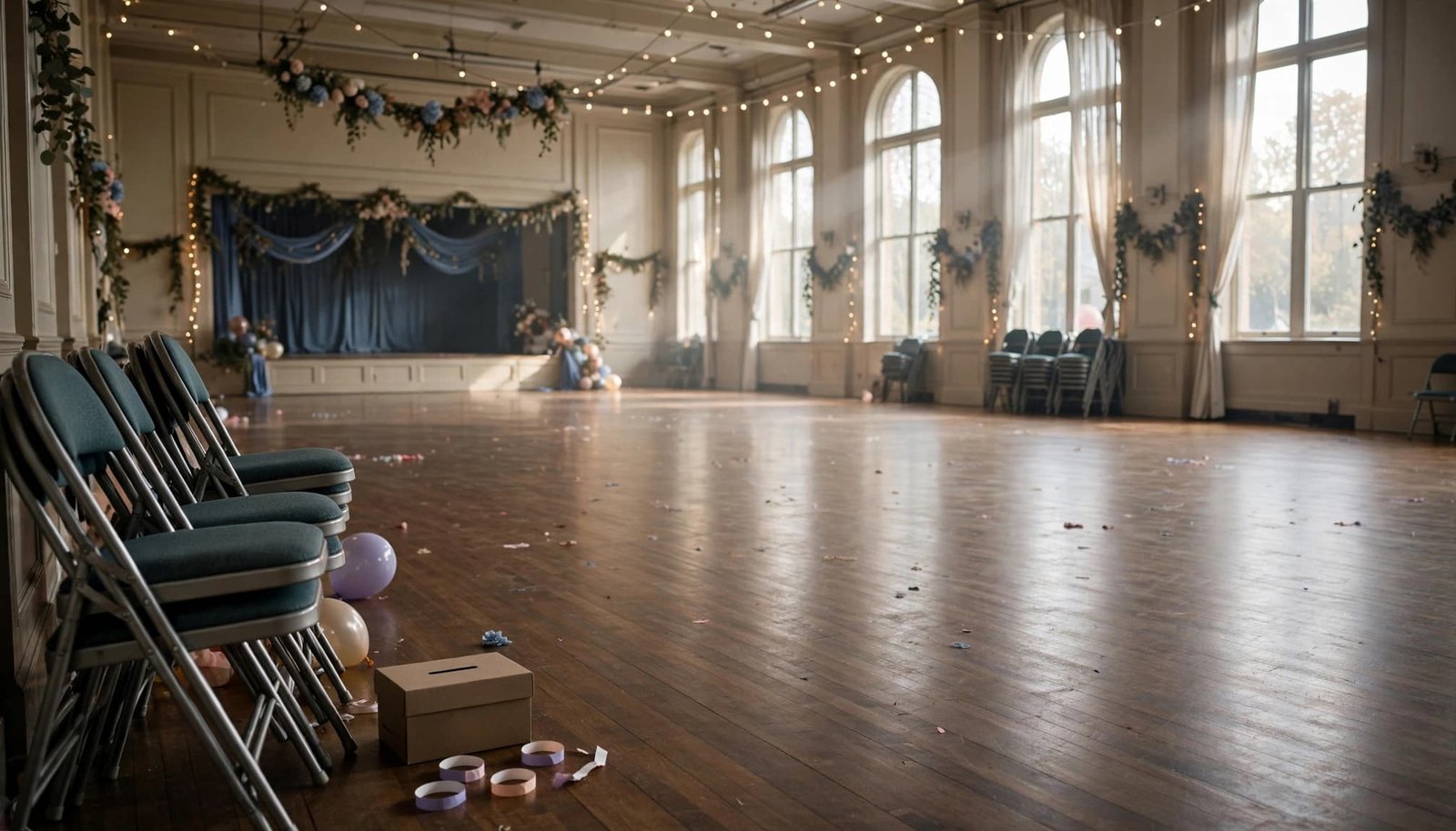 Stacked chairs, paper wristbands, and a closed box sit beside an empty dance floor.