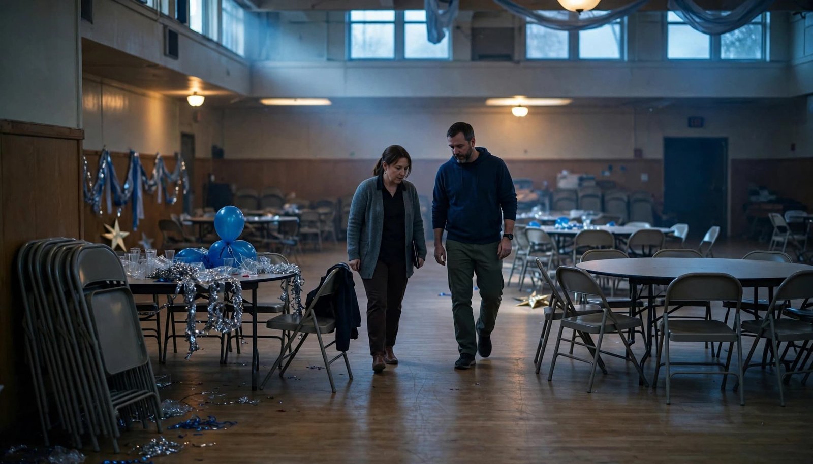 Two school staff members walk through an empty venue after a prom, inspecting the floor and tables.