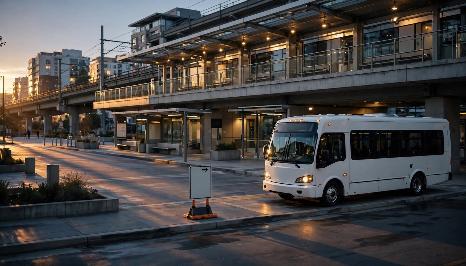 A white shuttle bus waits at a transit stop near an elevated rail platform at sunset.