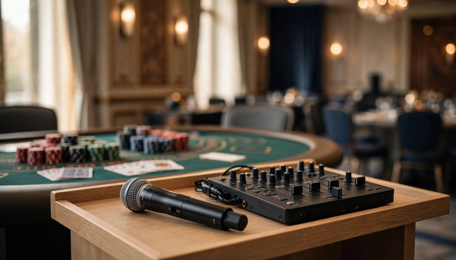 A wireless microphone and compact mixer sit before a blackjack table in an empty ballroom.