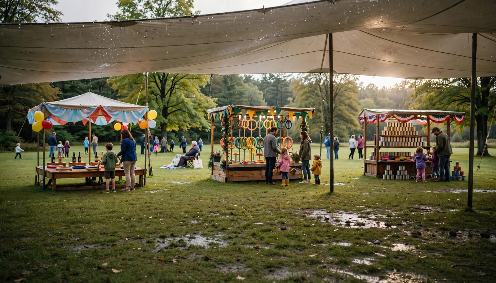 16 Corporate Family Day Ideas for Employees and Kids A family carnival with game booths under a large tent on a green lawn.