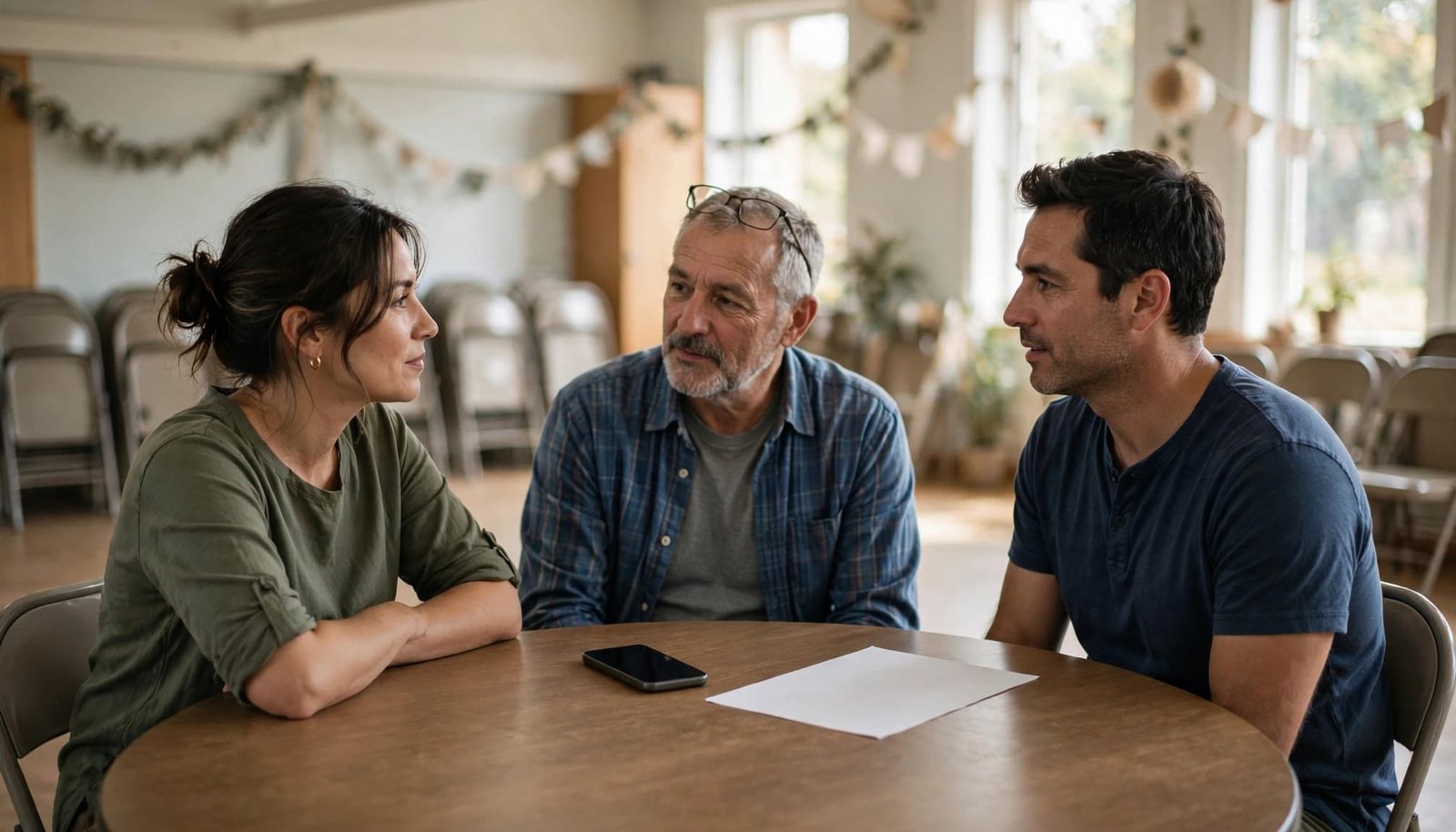 Three adults sit around a table in a community hall, discussing plans with a phone and paper.