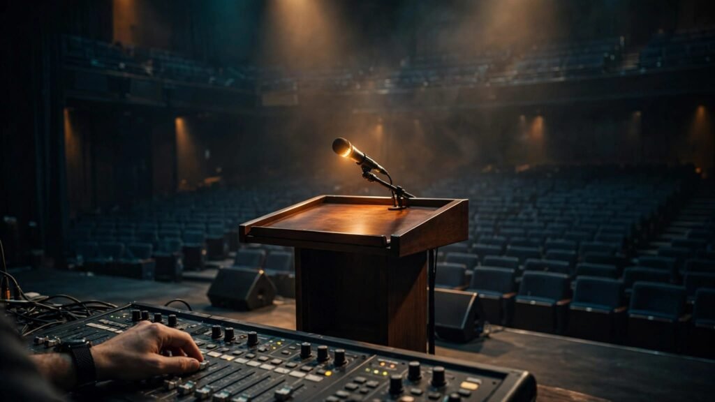 A lit microphone and empty lectern onstage as an audio operator prepares the console.
