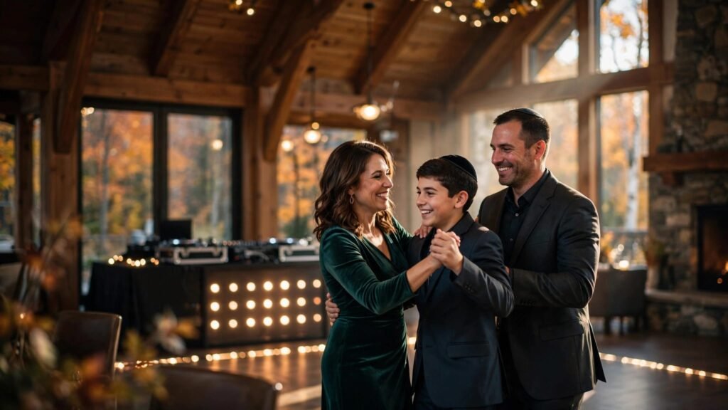 A young celebrant dances with his parents near a DJ booth in a lodge.