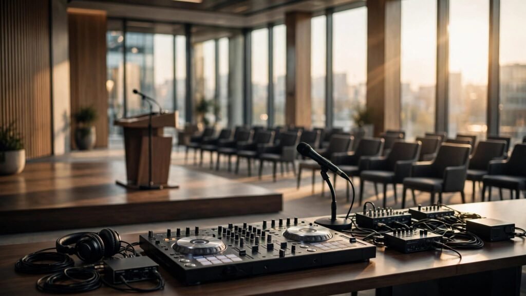 A DJ console and audio equipment stand before a stage in a modern conference room.