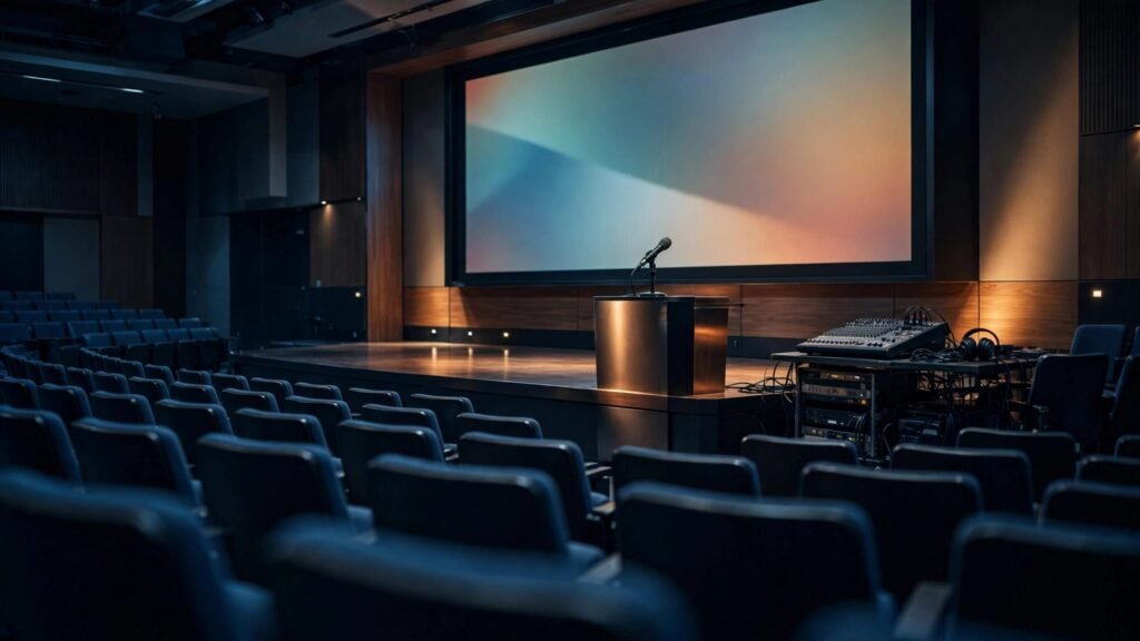 A microphone and audio equipment stand on a lit stage before empty auditorium seats.