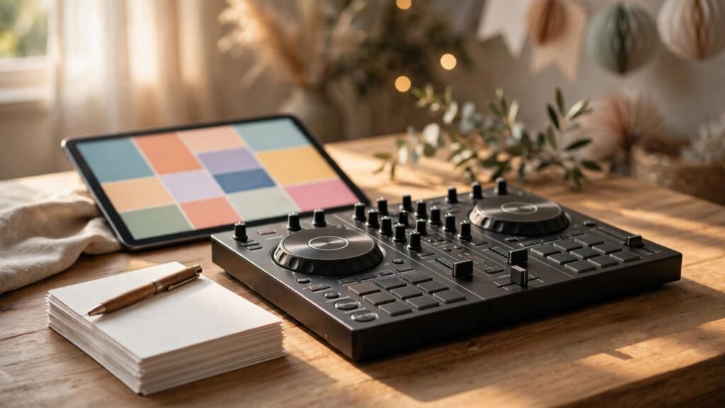Family Reunion DJ: Gather Song Requests Before the Party A DJ controller, blank request cards, pen, and tablet sit on a table.