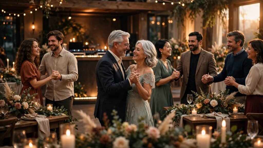 A smiling older couple dances as guests join hands around them at a candlelit reception.