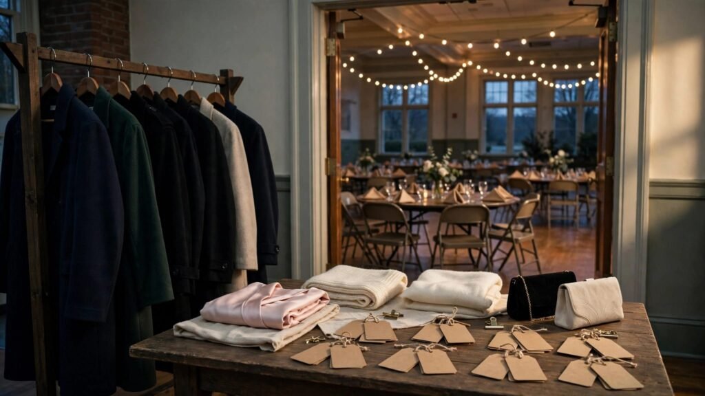 Coats hang beside a table of wraps, bags, and blank claim tags near a school ballroom.