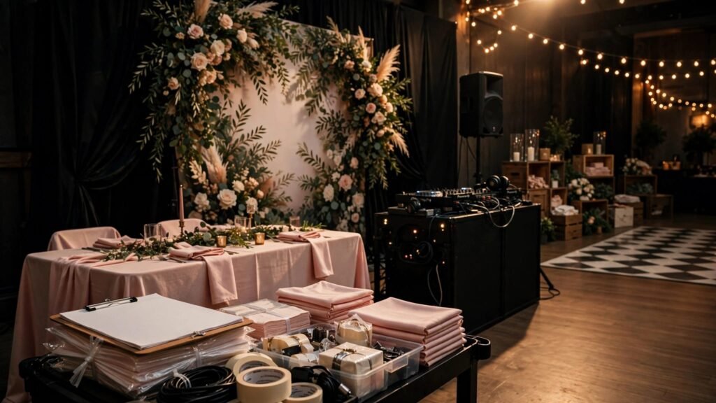 A prom venue with a photo backdrop, decorated tables, DJ setup, crates, and a blank clipboard.