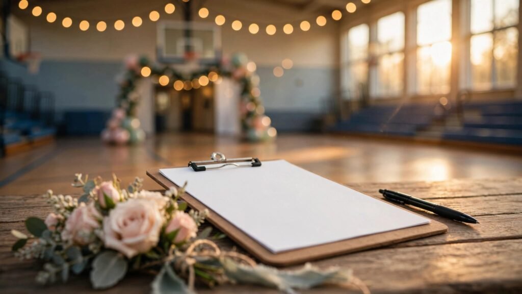 A blank prom form, pen, and corsage sit before a decorated school gym.