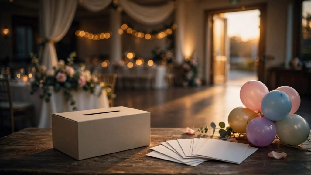 Blank survey cards and a feedback box sit beside balloons outside a softly lit ballroom.