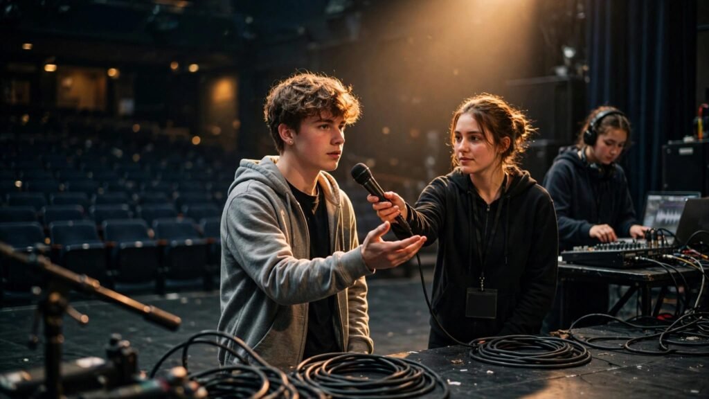 School Talent Show Sound: Playback and Mic Handoffs A volunteer hands a microphone to a student singer onstage.
