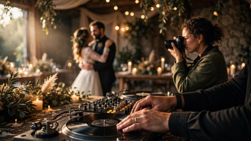 A DJ cues a record as a photographer captures a couple’s first dance.