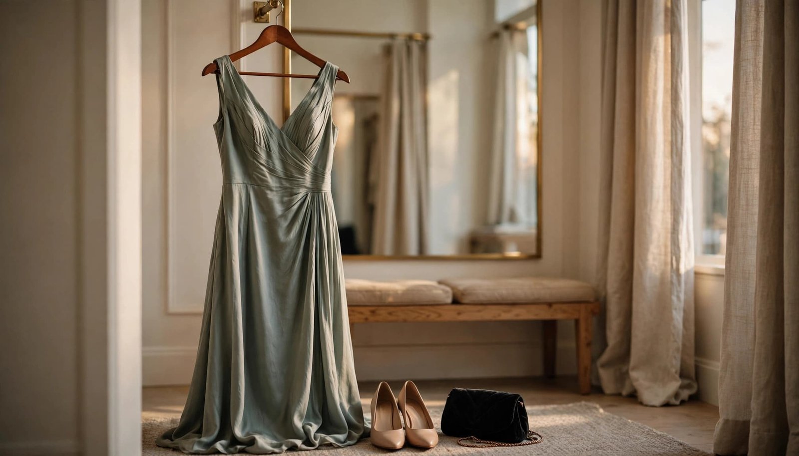 What Families Need Before New Hampshire Prom Night A sage green formal dress hangs on a wooden hanger with matching shoes and a small evening bag on the floor.