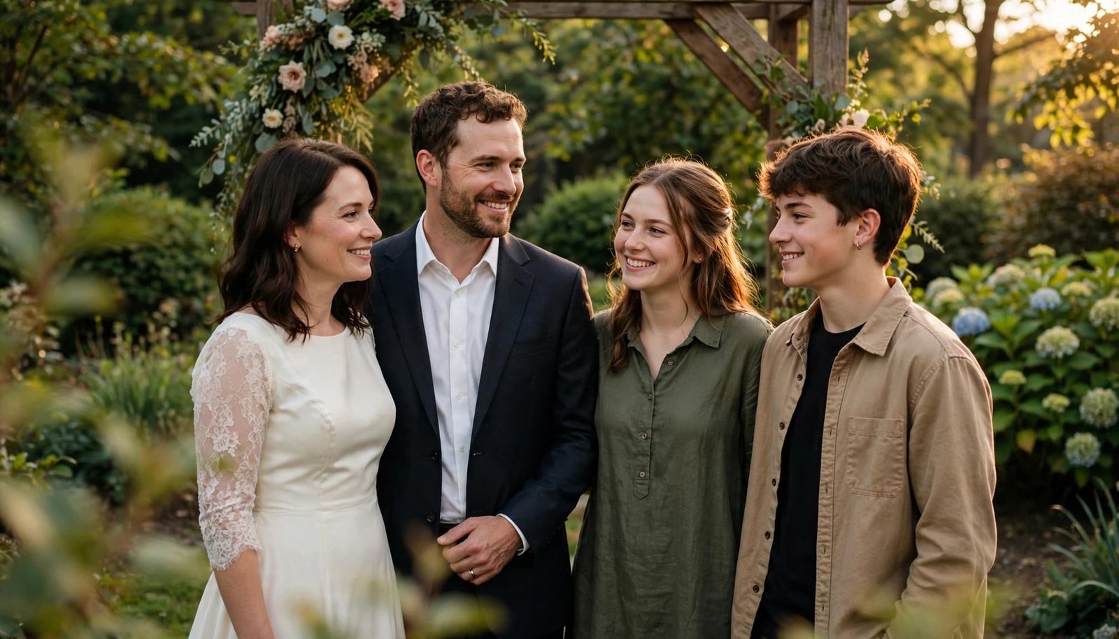 Two newlyweds stand with their adult and teenage children beside a garden arch.