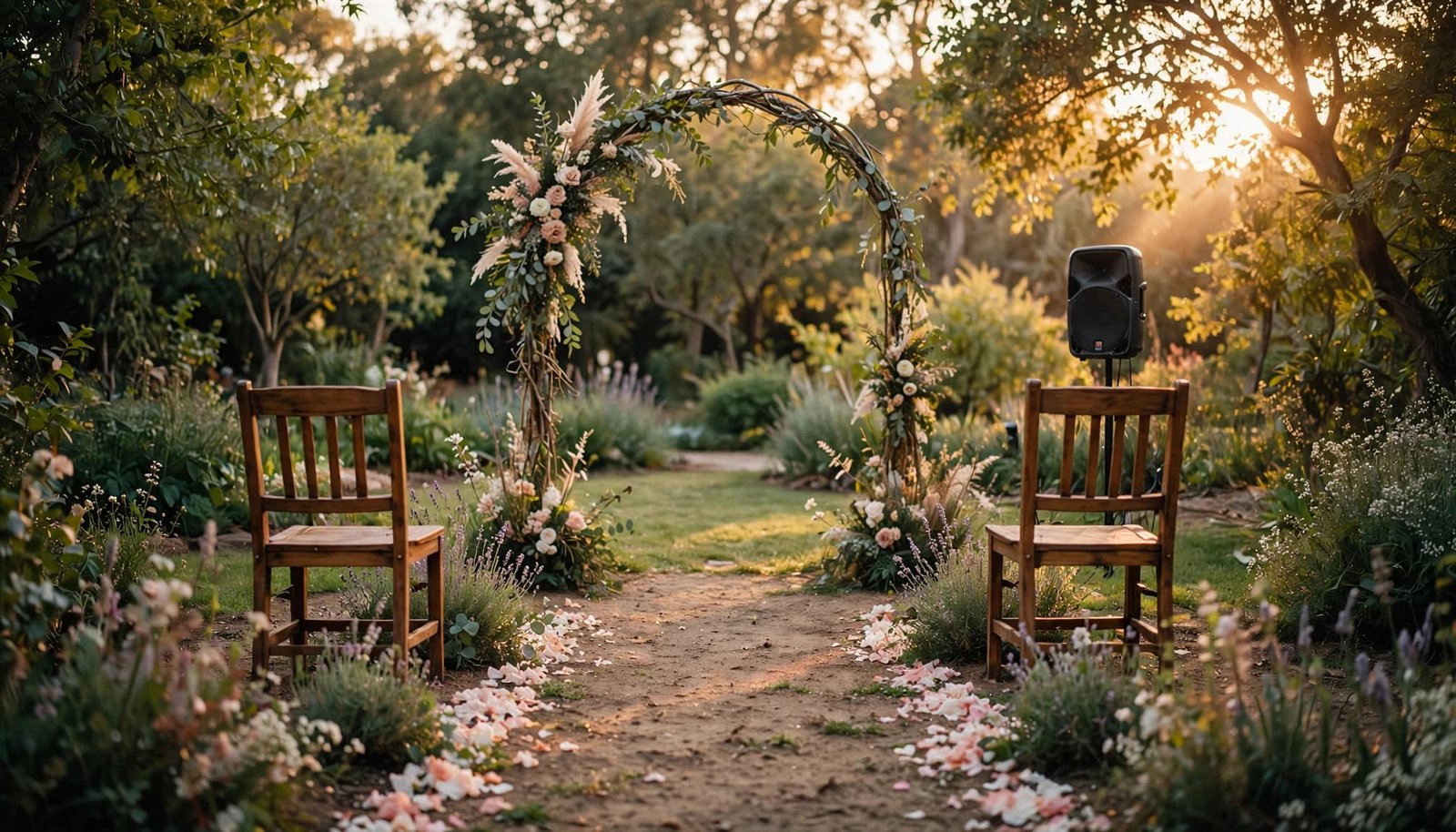 A vow renewal setup in a garden at golden hour with two empty chairs, a floral arch, and a speaker.