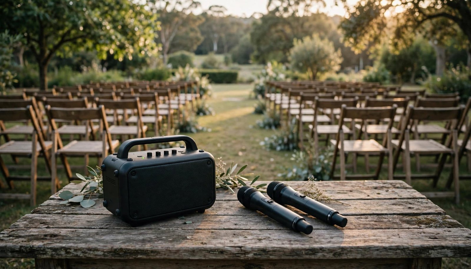 A portable PA speaker and two microphones on a wooden table before empty wedding chairs outdoors.