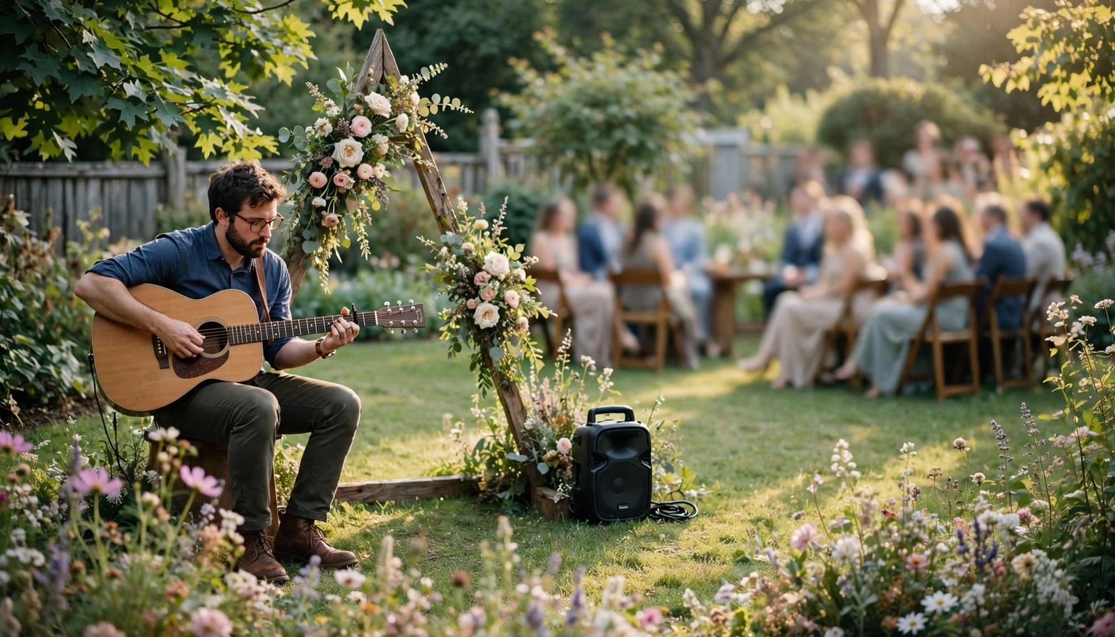 A guitarist plays beside a garden wedding altar and small speaker.