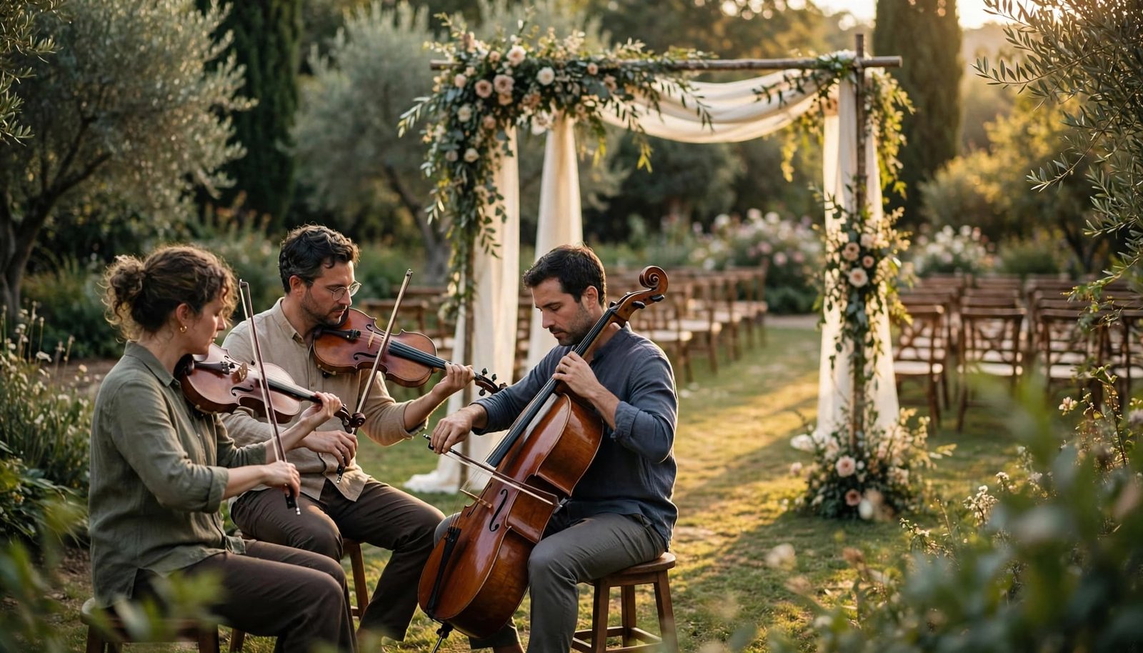 Interfaith Wedding Music: Questions to Resolve First Three musicians play strings beside a flower-decorated wedding canopy in a garden.