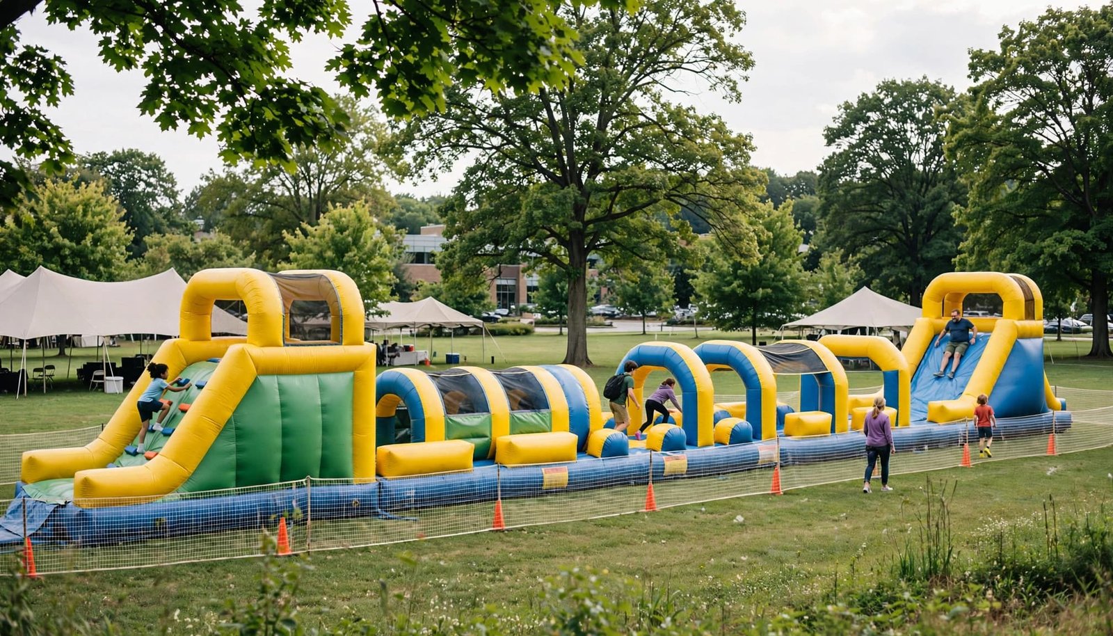 16 Corporate Family Day Ideas for Employees and Kids People enjoying a large inflatable obstacle course on a grassy field outdoors.