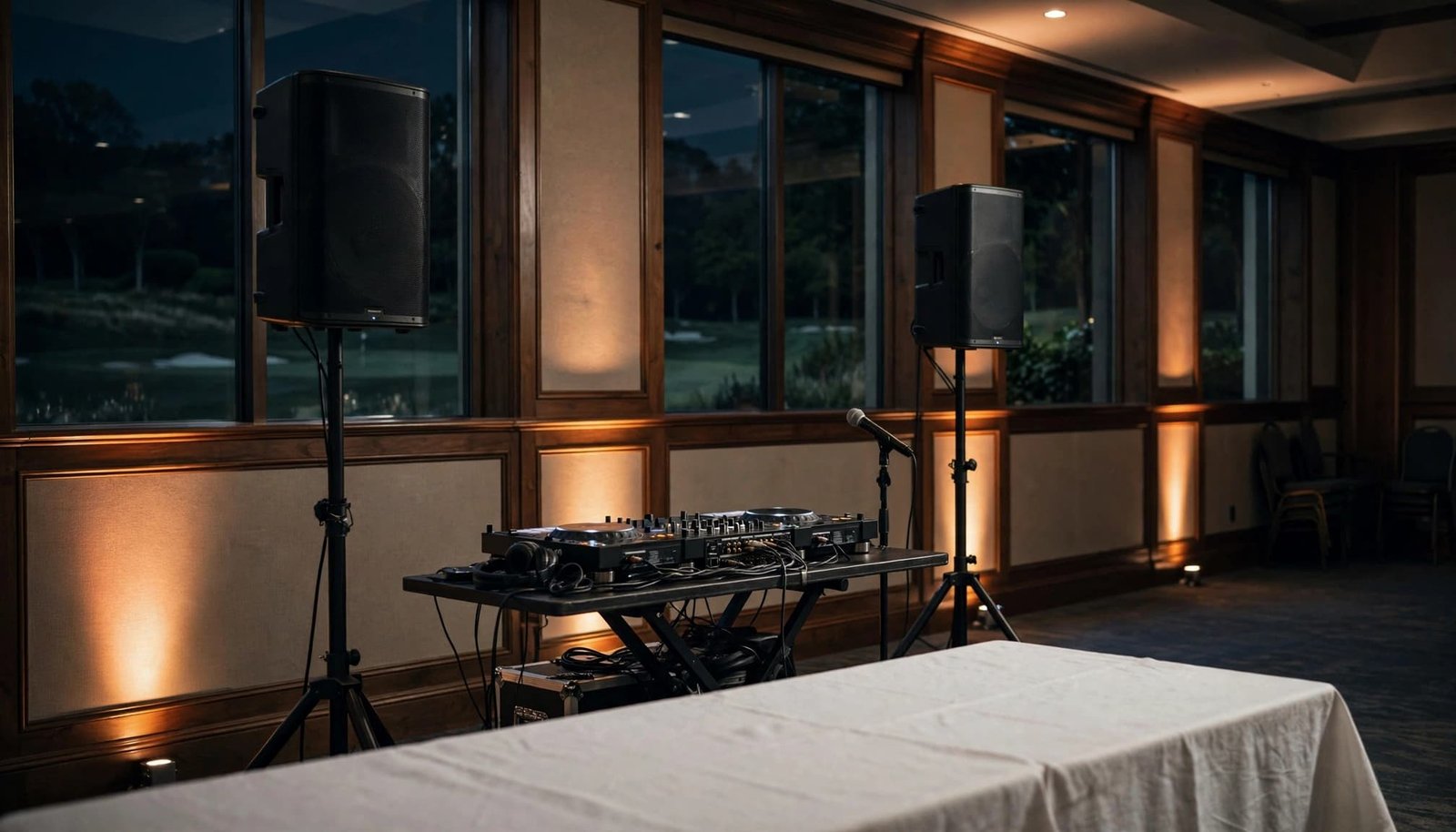 Corporate Event DJ Planning for NH Golf Club Receptions DJ console, speakers, and microphone set up in an empty event room.