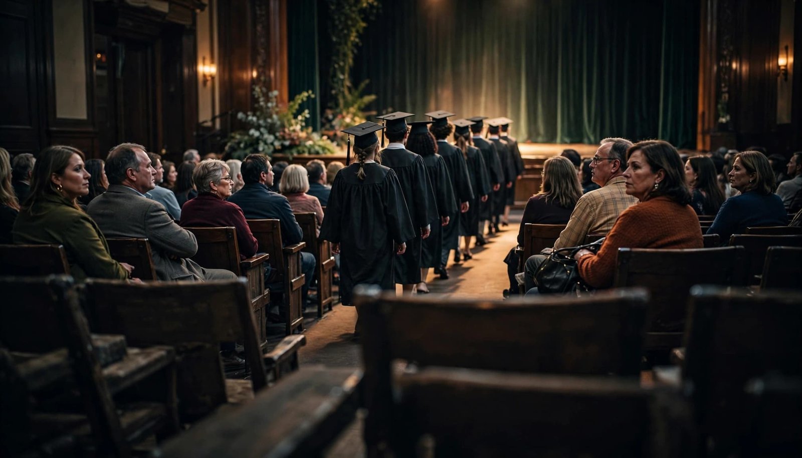 For high school and college graduation ceremonies, give each music selection a clear purpose. Music can welcome families, guide the procession, support transitions, or celebrate the class. Speeches and graduate names deserve quiet, with clear cues controlling when music starts and stops. Graduating seniors in caps and gowns walk down an auditorium aisle as seated parents watch.