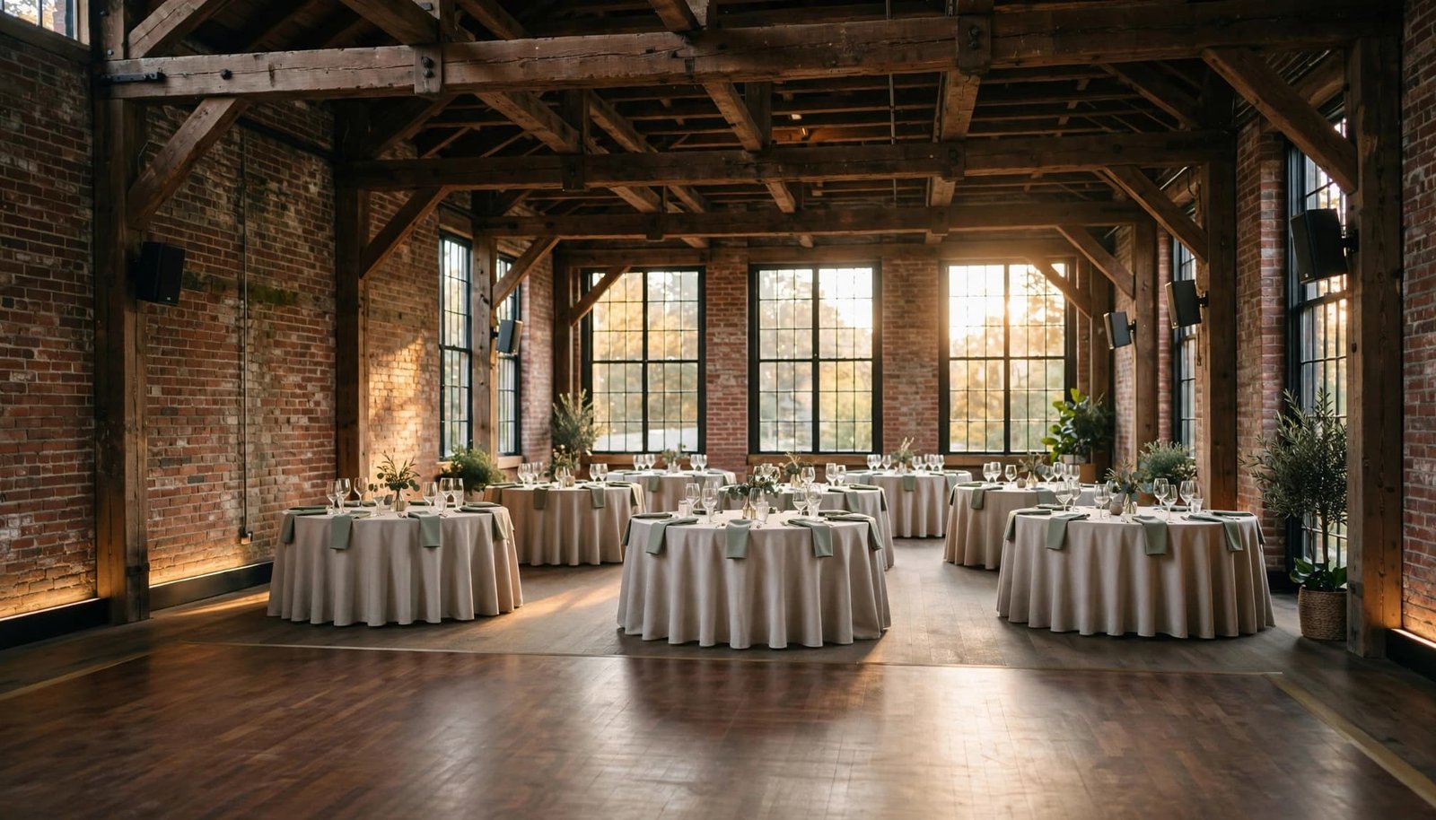 Corporate Event DJ Planning for NH Historic Mill Venues A historic brick mill hall with exposed wooden beams, tall windows, and round tables set for a corporate reception.