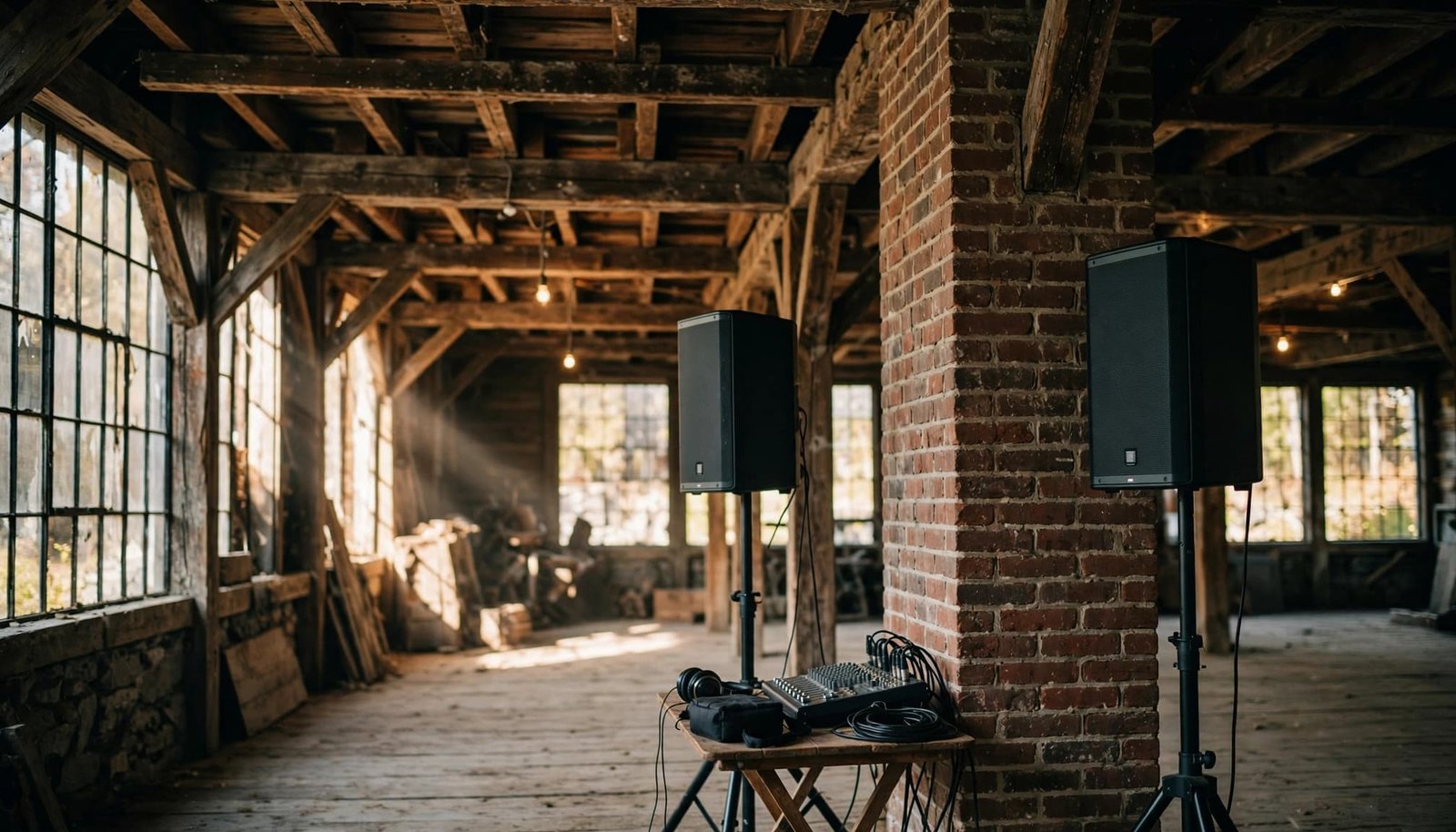 Corporate Event DJ Planning for NH Historic Mill Venues DJ setup with two speakers and a mixer next to a brick pillar in a historic mill.