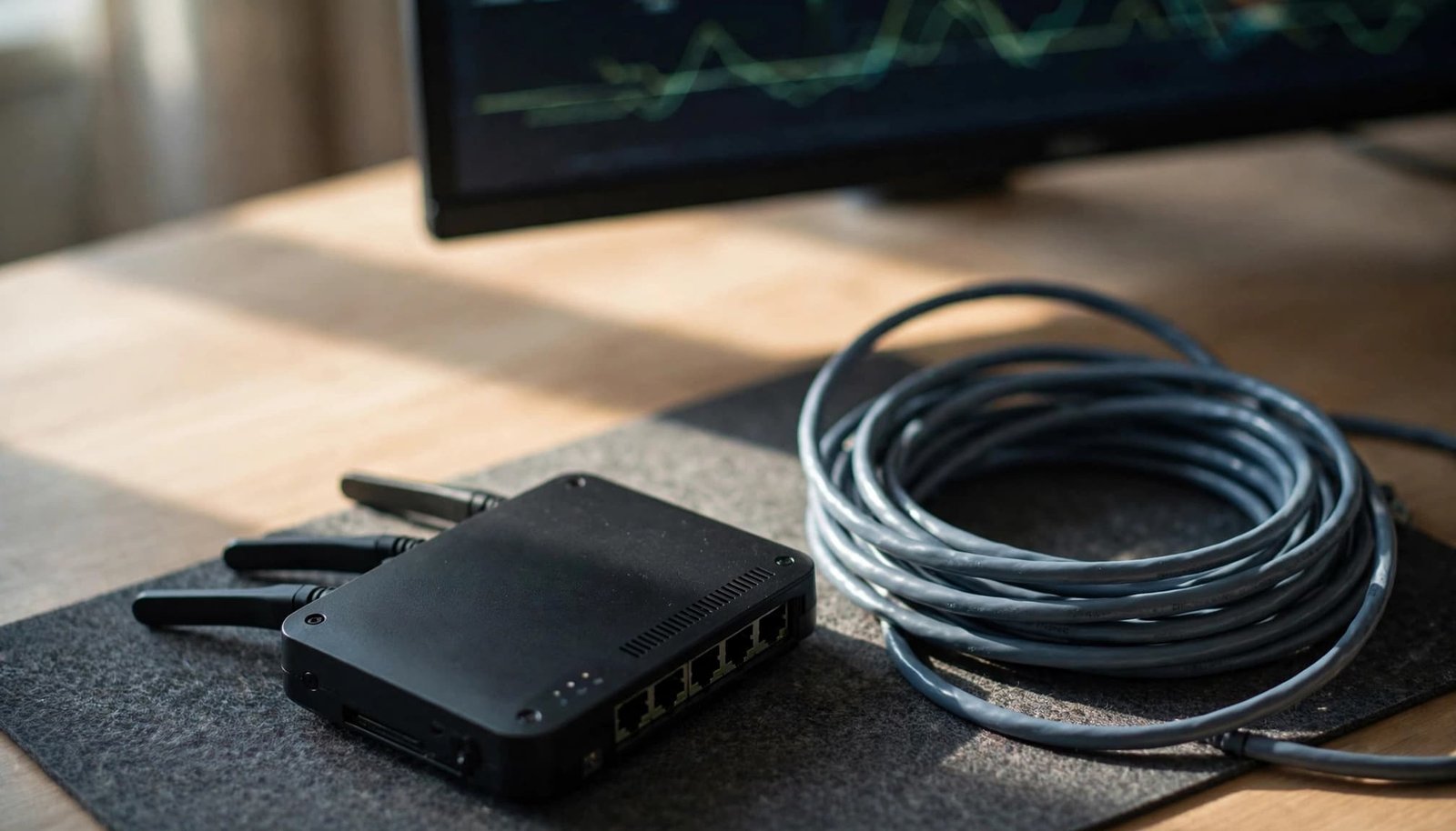 A router and a coiled ethernet cable sit on a desk with a monitor displaying a diagnostic line in the background.