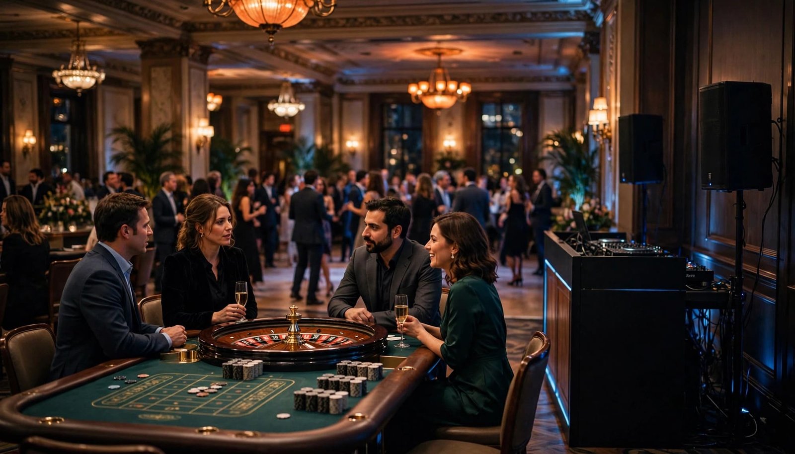 Guests gather around a roulette table as a dance floor glows in the background.