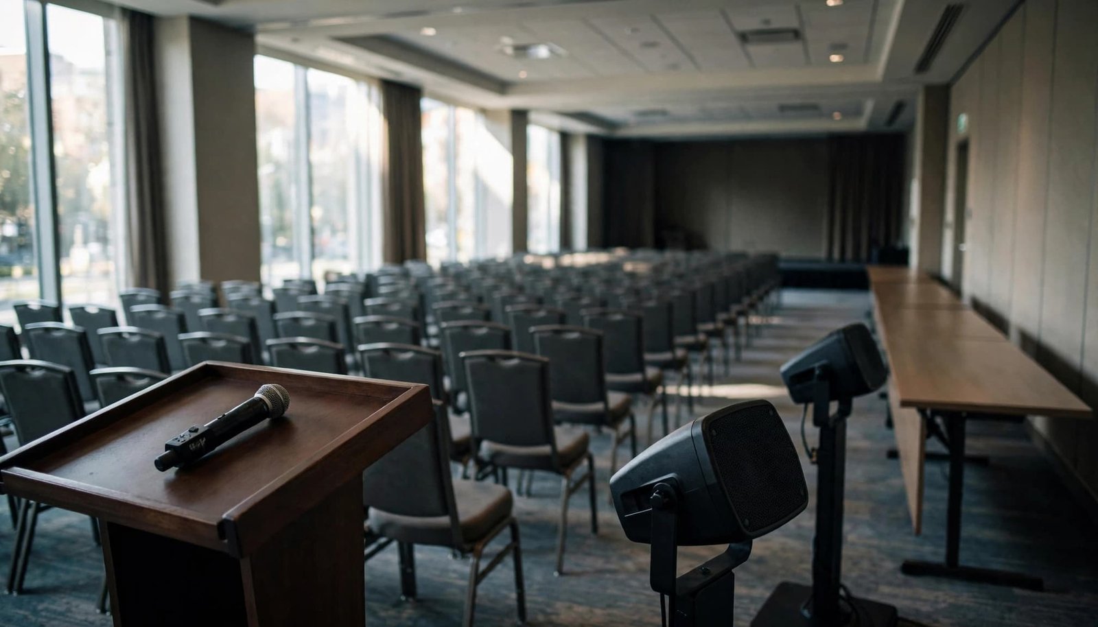 A hotel breakout room with a lectern, microphone, and rows of empty chairs.