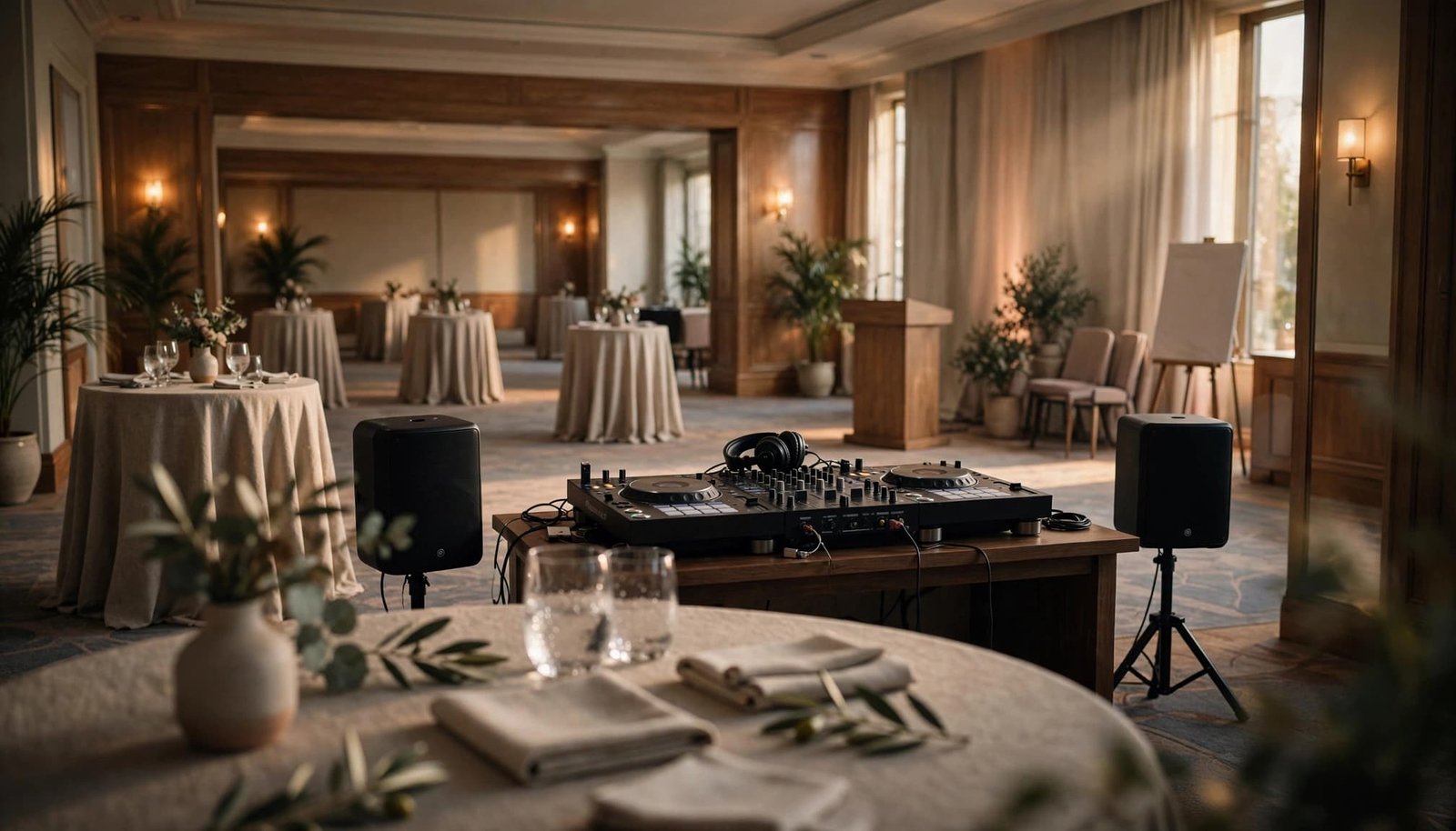 A DJ console and two speakers stand in a hotel reception room framed by cocktail tables.
