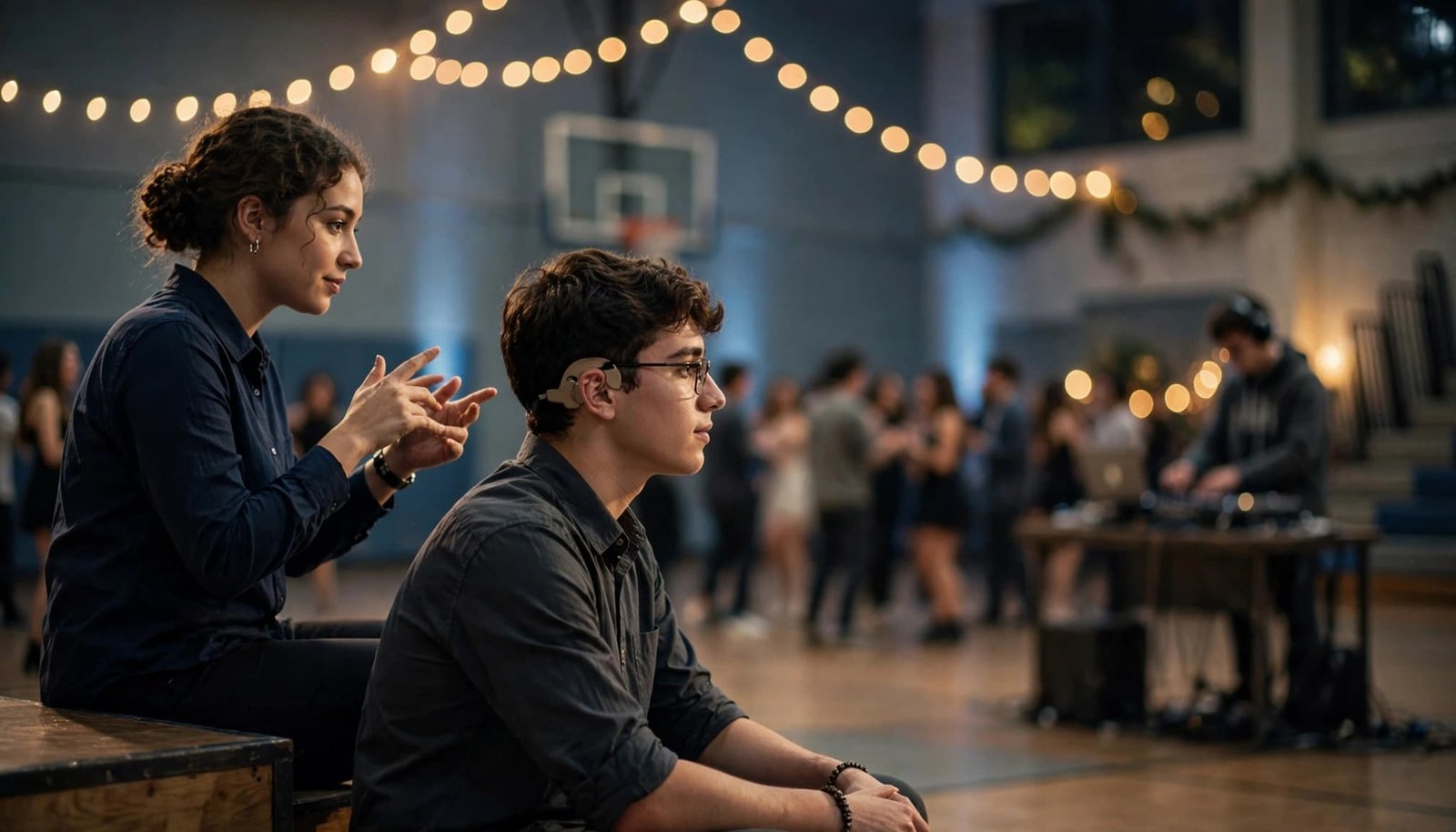 A student with a hearing device watches a signer interpret a high school prom.
