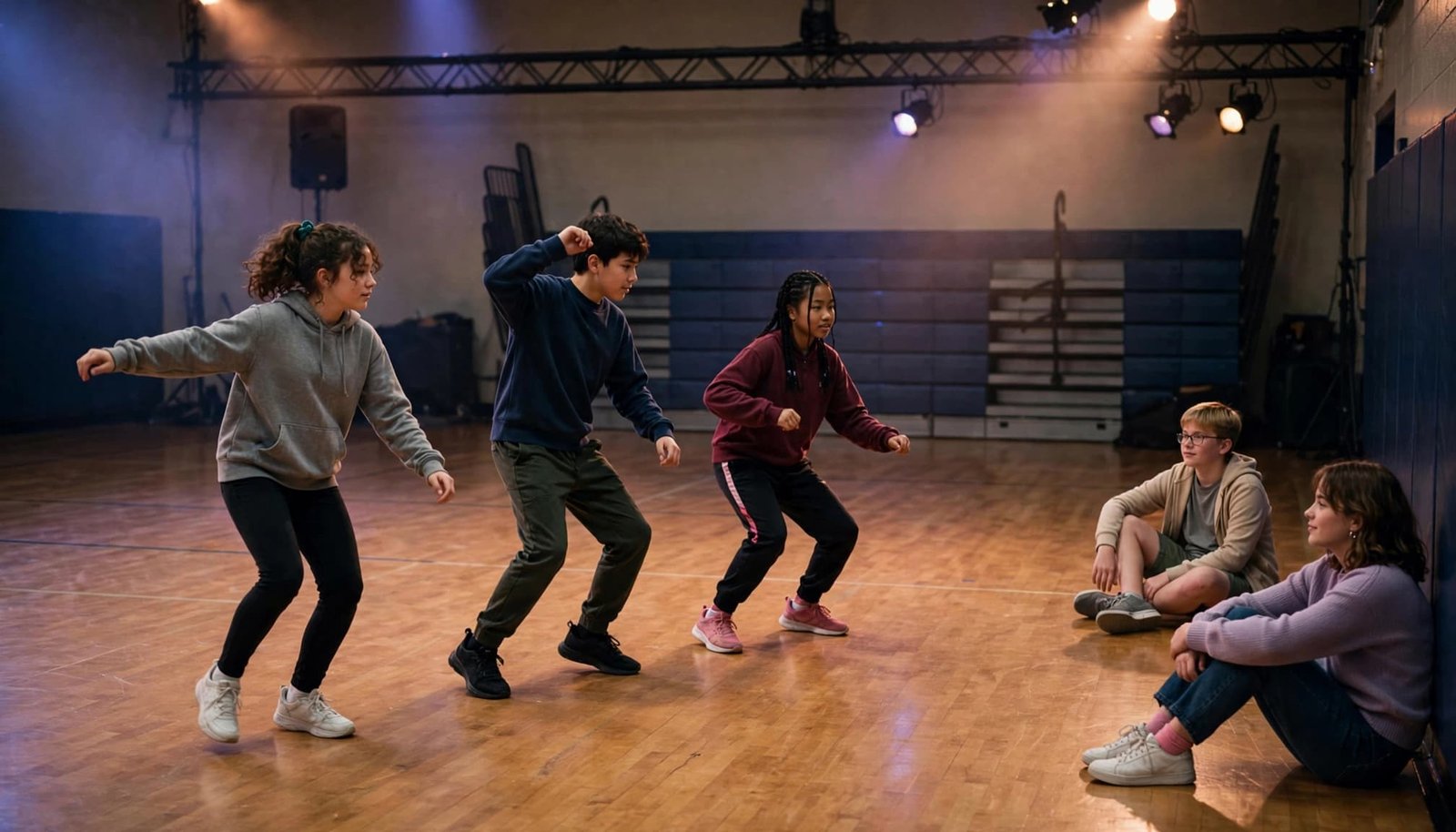 Three students dance on a gym floor while two others sit and watch nearby.