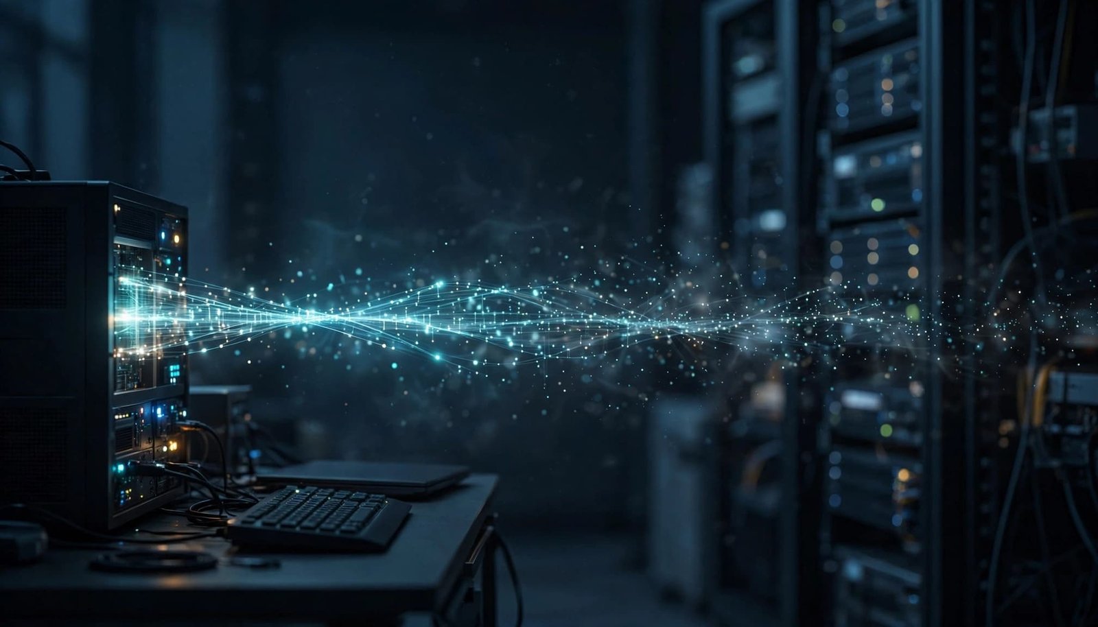 A luminous stream of blue data particles flows from a workstation terminal toward server racks.