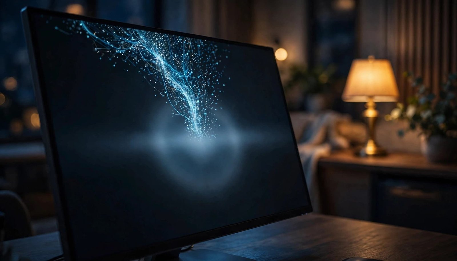A computer monitor in a dimly lit room displays an abstract stream of blue light stopping midway.