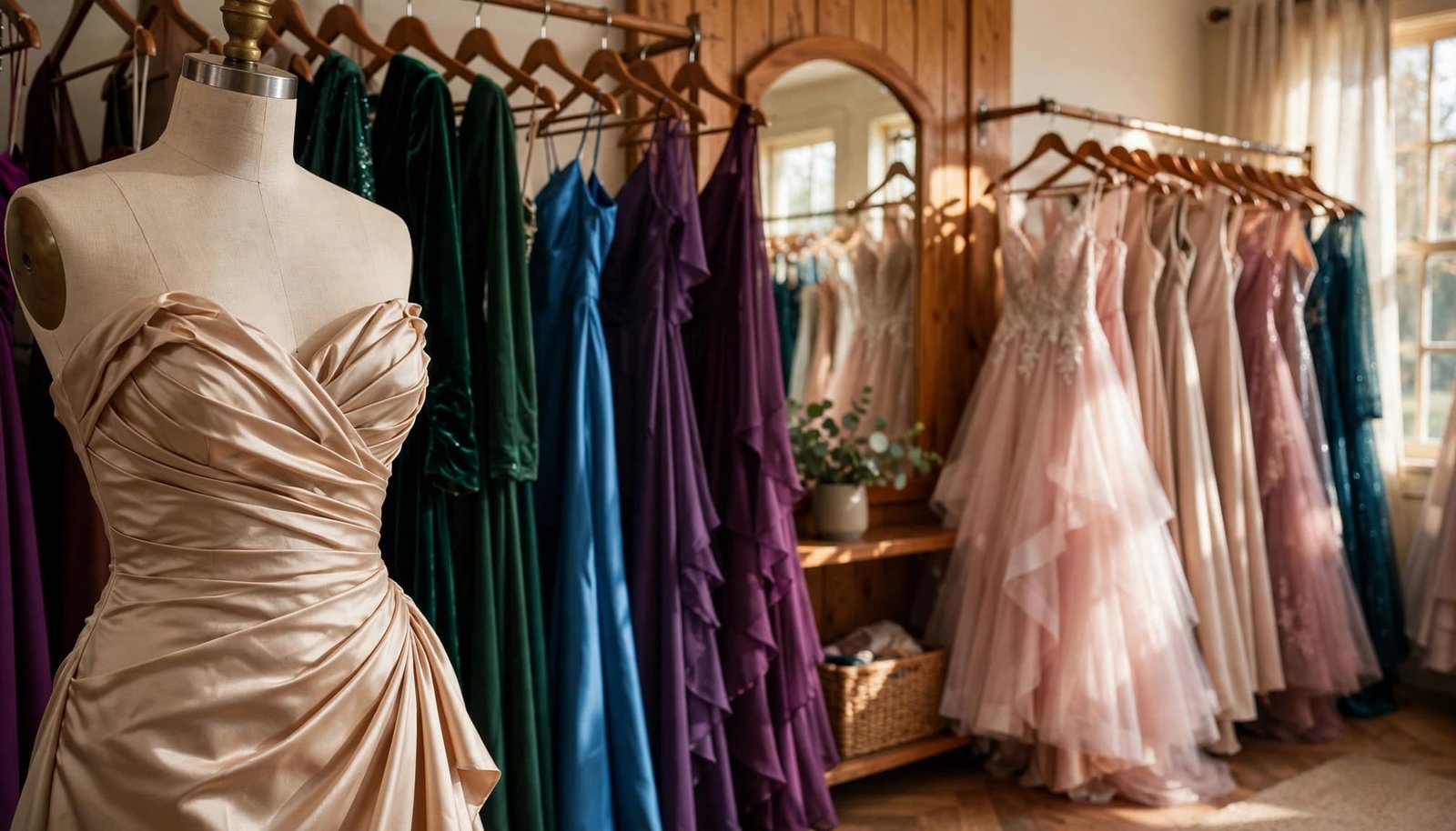 A dress form displaying a champagne gown in a boutique with racks of colorful dresses.