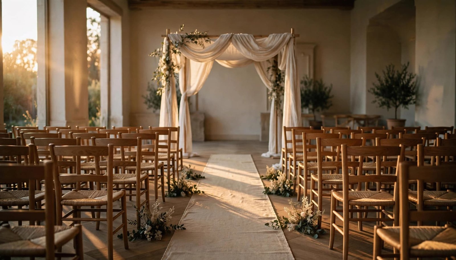 Jewish Wedding Music: Reception and Hora Planning A wide view of an empty indoor wedding venue with wooden chairs and a chuppah.