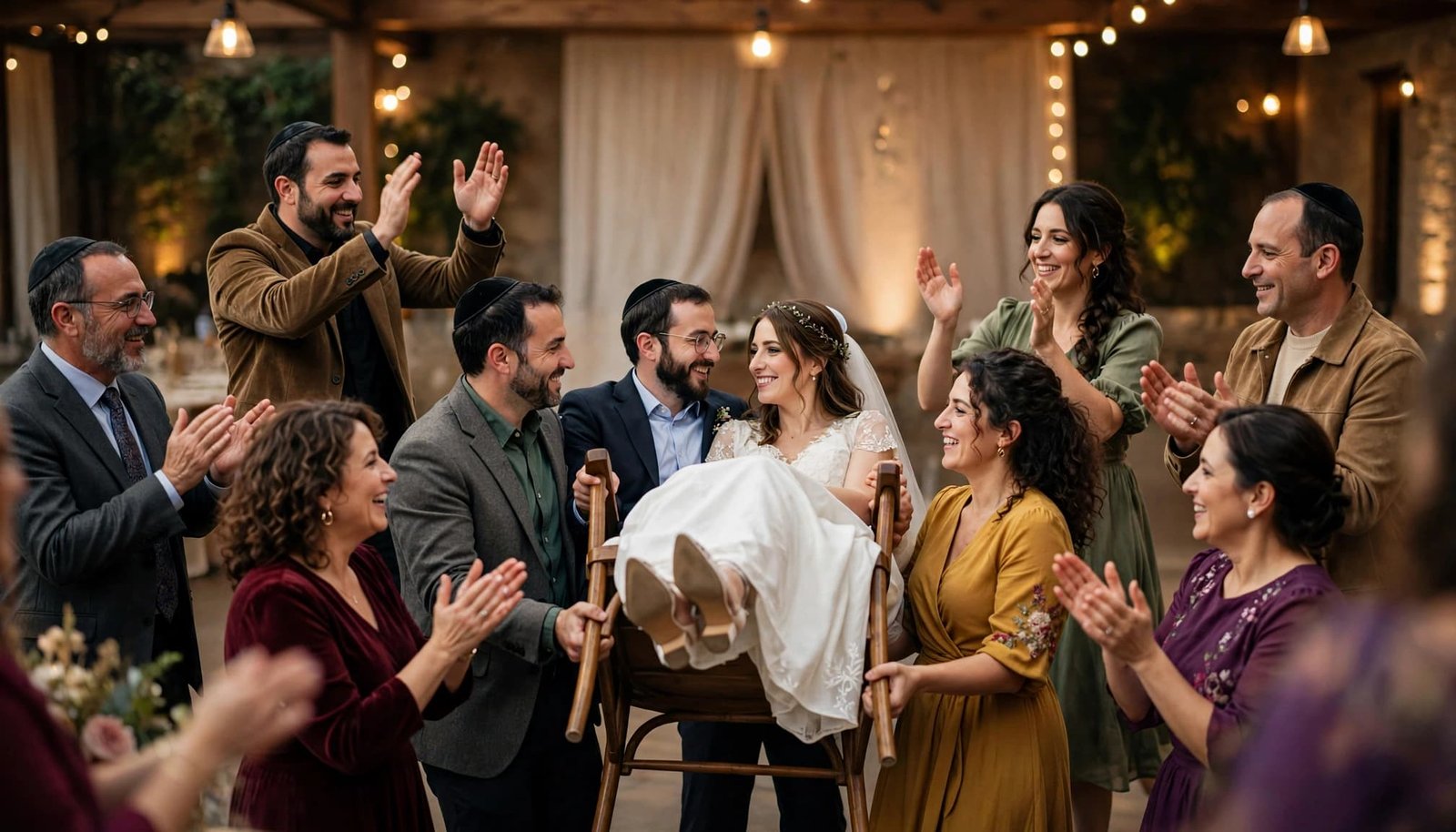 Jewish Wedding Music: Reception and Hora Planning A newly married couple sitting on chairs being lifted by guests during a joyful wedding reception hora dance.