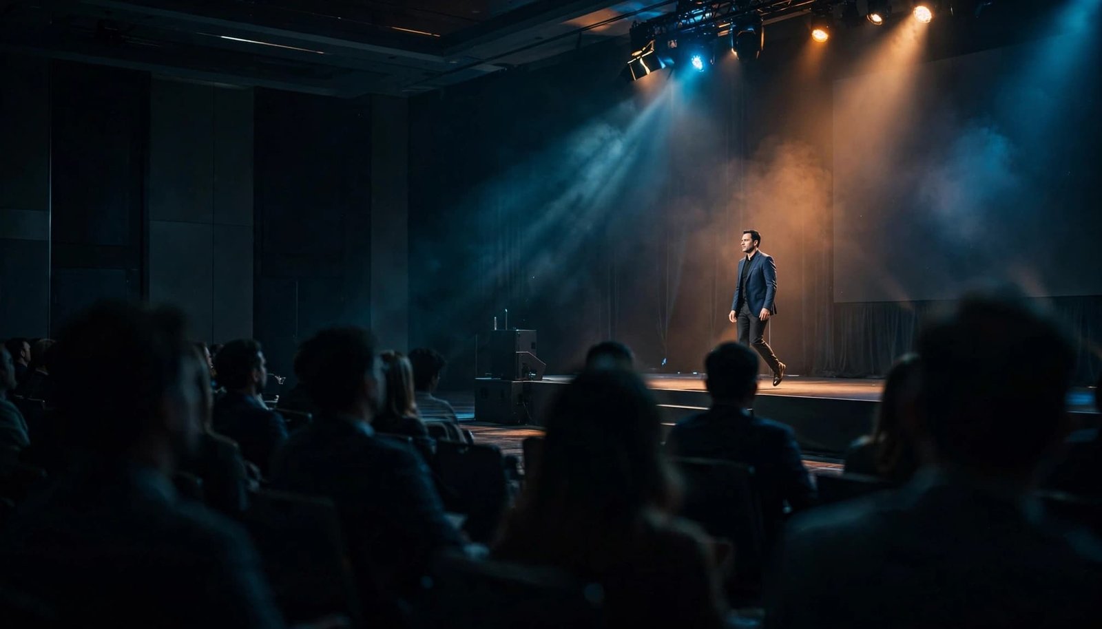 A keynote speaker enters a lit stage as audience silhouettes watch.