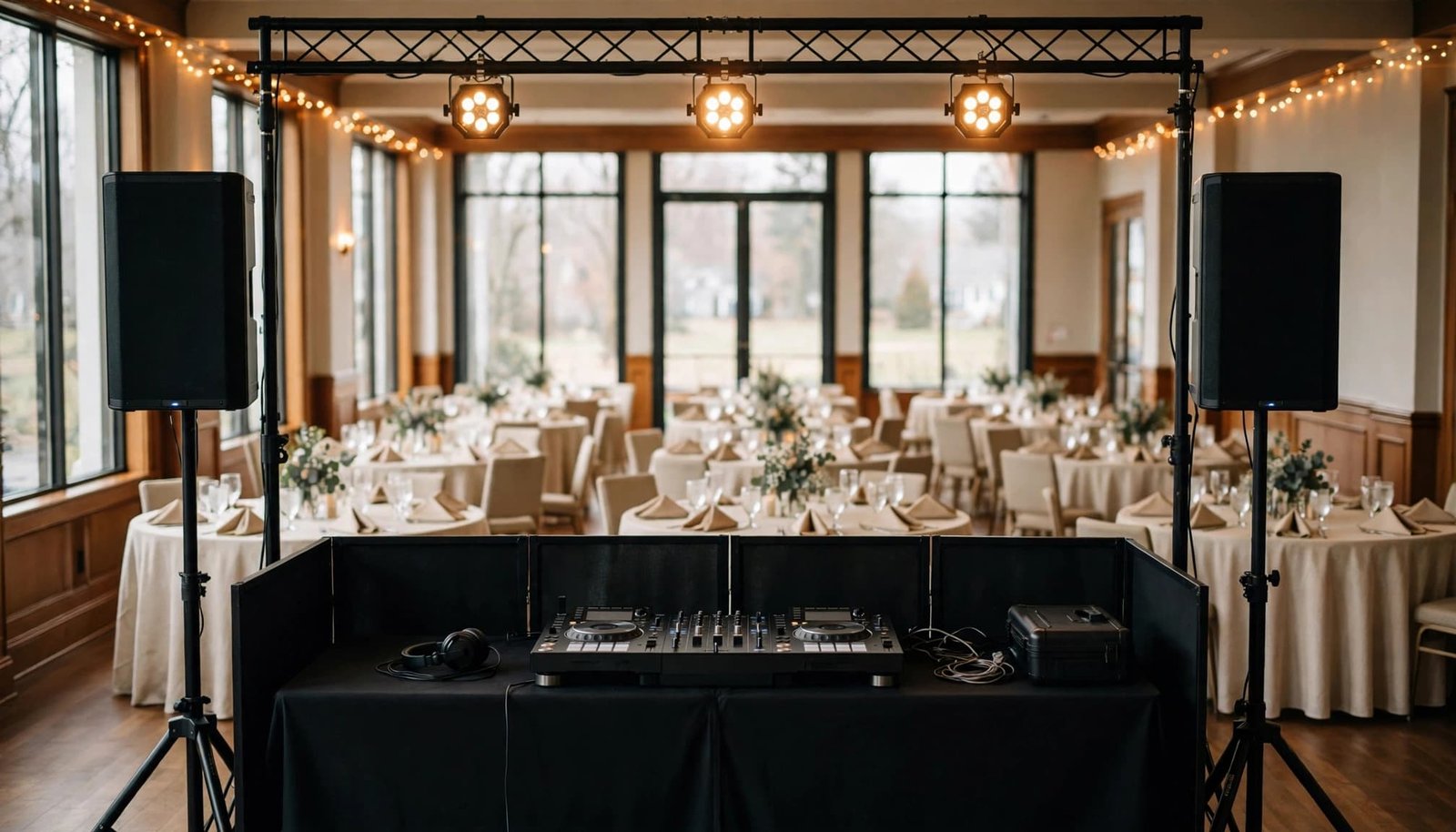 A DJ booth and two speakers stand before tables in a softly lit event room.