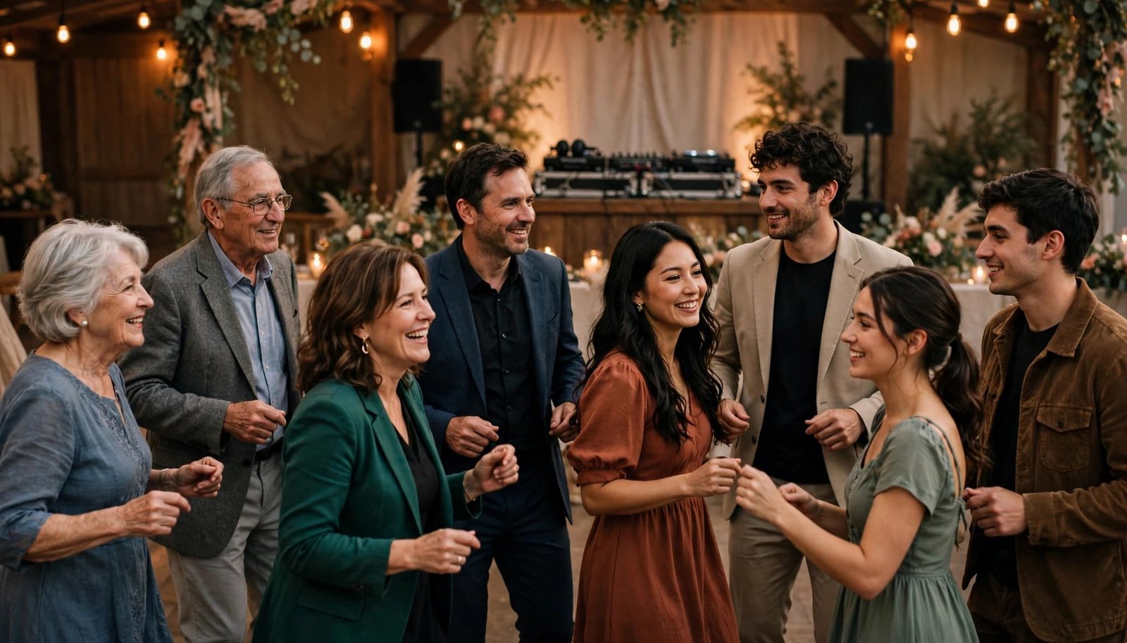 Adult guests dancing together at a warmly lit wedding reception hall.