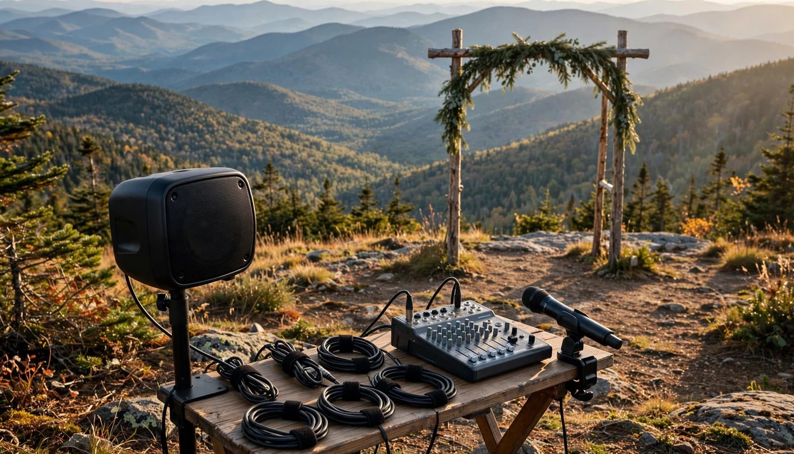A speaker, mixer, and clipped microphone stand before a wooden arbor and mountain ridges.
