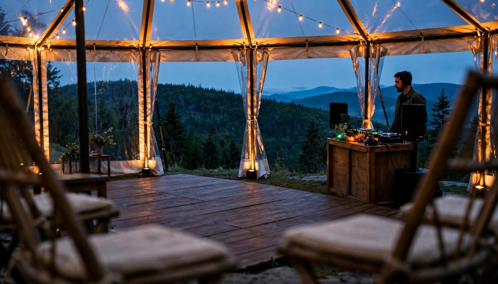 A DJ stands by a dance floor inside a warmly lit tent with a mountain ridge beyond.