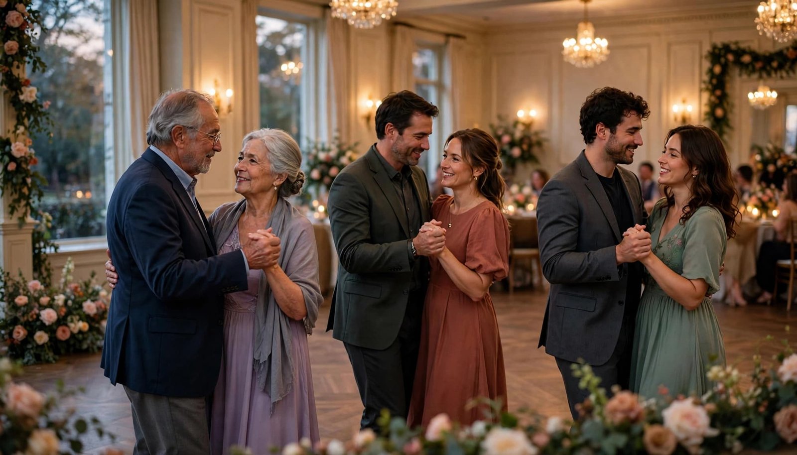 Plan a Wedding Anniversary Dance Guests Can Join Three couples share a dance in a warmly lit reception ballroom.