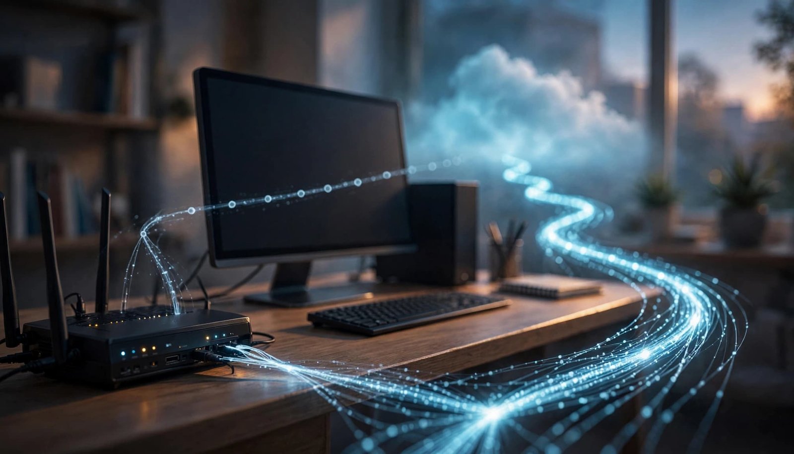 A router and desktop computer on a wooden desk with glowing blue data lines leading to a cloud.