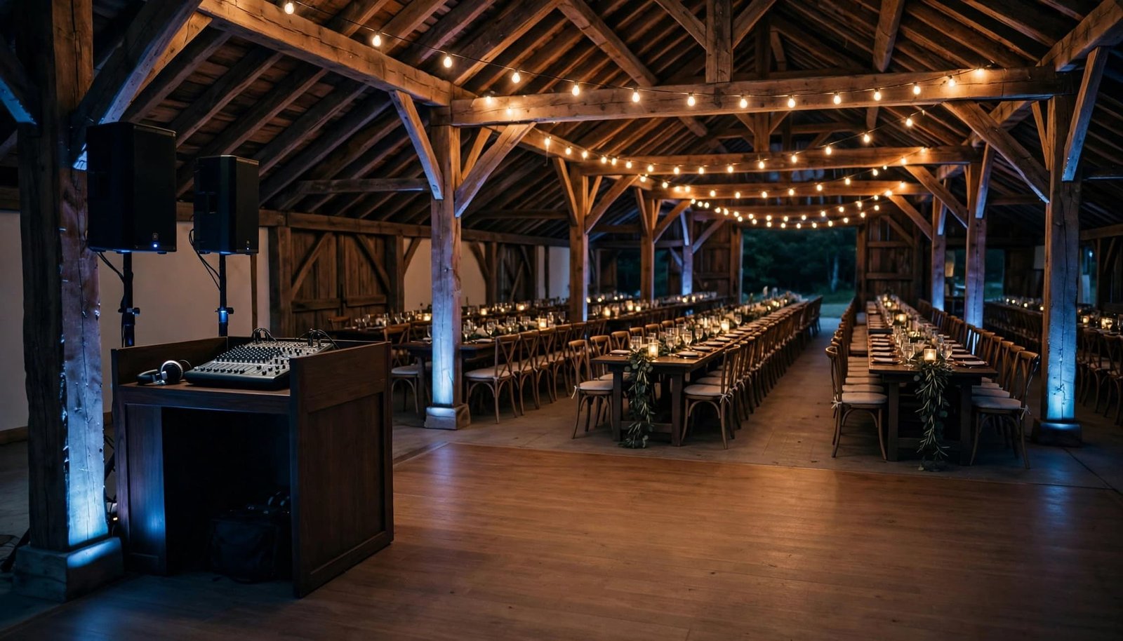 A DJ mixer and speakers beside an empty dance floor in a timber barn.