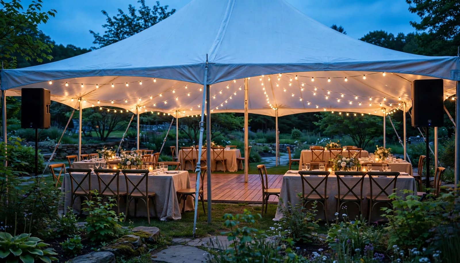 A sailcloth tent set up for an outdoor wedding reception with tables and string lights at blue hour.