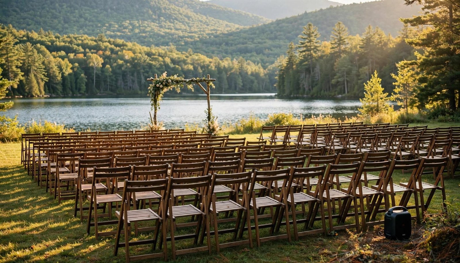 Empty wooden chairs and a small speaker overlook a calm lake and wooded hills.
